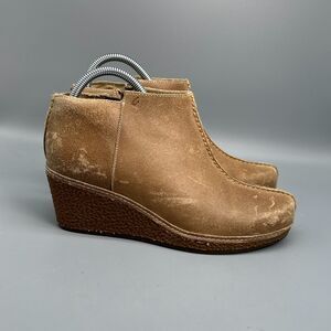 Olukai Humu Women's 9.5 Brown Suede Leather Wedge Heel Side Zip Ankle Boots Shoe